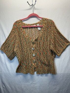 Crochet Multi Colored Short Sleeve Cropped Cardigan MOP Buttons Linen Cotton Bld